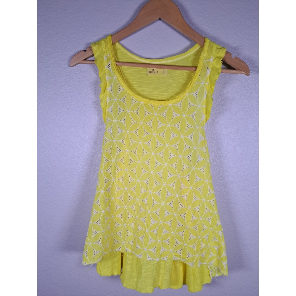 Hollister Yellow Eyelet Lace Sleeveless Top Ruffle Trim High Low Tank Large